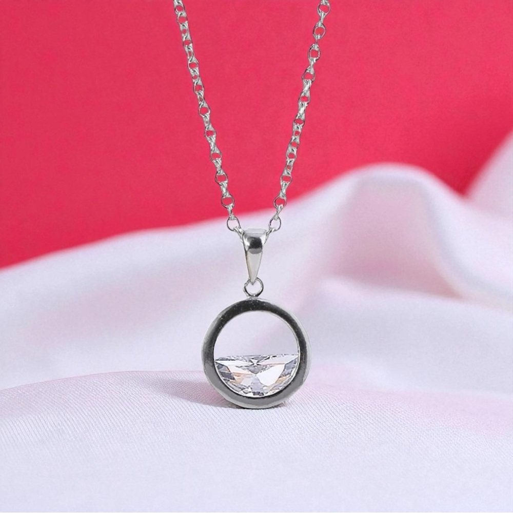 Sterling Silver Circle Necklace Floating Cut Crystal Pendant Dainty & Elegant